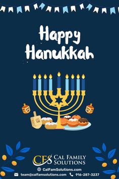 happy hanukkah with candles and cake on a plate in front of blue background