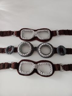 three crocheted bracelets with eye glasses on them