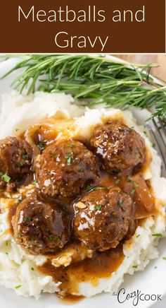 meatballs and gravy on top of mashed potatoes