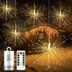 fireworks are lit up in the night sky with remotes next to it and an image of