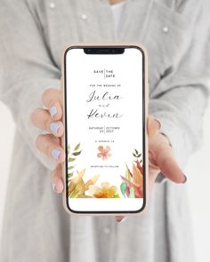 a woman holding up her phone with the text save the date for the wedding on it