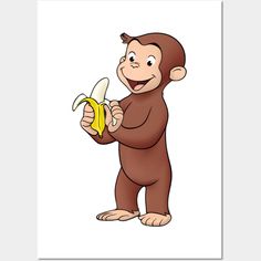 a cartoon monkey holding a banana and pointing to it's left side with its right hand