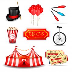 various circus related items on a white background