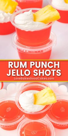 several cups filled with jello and topped with pineapple slices