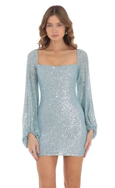 Shantelle Sequin Long Sleeve Dress in Blue | LUCY IN THE SKY Sequin Long Sleeve Dress, Blue Sparkly Dress, Long Sleeve Homecoming Dresses, Hoco Dresses Long Sleeve, Light Blue Hoco Dress, Long Sleeve Hoco Dress, Hoco Dress Short, Winter Dance Dresses, Eras Tour 1989