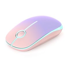 a pink and blue computer mouse on a white surface