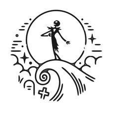 a black and white drawing of a person standing on top of a wave with stars