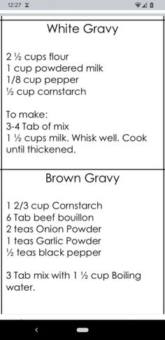 the recipe for white gravy is shown on an iphone screen, with instructions to make