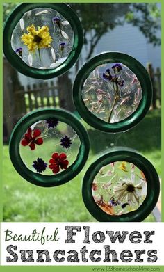 four flower sun catchers hanging from the side of a window with grass and flowers in them