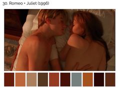 two people laying in bed next to each other with color swatches on the sheets