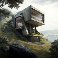 an artistic rendering of a house on top of a hill with stairs leading up to it