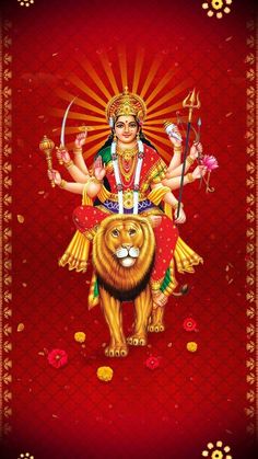 the god sitting on top of a lion in front of a red background with gold accents