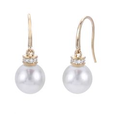 Decorated with luminous freshwater cultured pearls and diamond accents, these PearLustre by Imperial earrings offer a timeless look that will never go out of style.  Metal: 14k gold Backings: wire Packaging: boxed Finish: polished Length: 1 in.DIAMOND DETAILS Total weight: less than 1/10 ct. Shape: round Setting: paveCULTURED PEARL DETAILS Type: freshwater Size: 9 mm - 9.5 mm Shape: round Color: white Diamond weights are approximate. Diamond Total Weights may vary between .01 and .13 ct. Some di Pearl Details, Freshwater Cultured Pearls, Pearl Diamond, Cultured Pearls, Women Accessories Jewelry, Accessories Jewelry, Go Out, Out Of Style, White Diamond