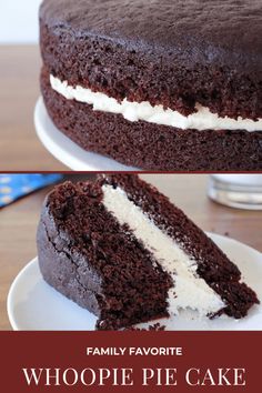 a chocolate cake with white frosting is cut in half and served on a plate