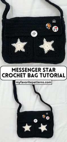 the crocheted messenger bag is made with buttons and stars on it, as well as an applique