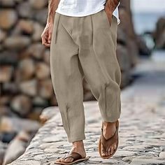 Season:Spring  Summer; Fabric:100% Cotton; Gender:Men's; Style:Fashion,Streetwear; Occasion:Holiday,Daily,Casual; Fit Type:Regular Fit; Function:Breathable,Comfort; Waistline:Mid Waist; Pattern:Plain; Design:Front Pocket,Pleats; Brand:OUKU; Pants Type:Trousers,Tapered Carrot Pants,Beach Pants,Summer Pants; Fly Type:Button; Front page:FF; Listing Date:07/19/2024 Summer Straight Pants In Solid Color, Baggy Summer Vacation Pants, Beach Harem Pants Non-stretch Straight Leg, Non-stretch Straight Leg Harem Pants For Summer, Summer Vacation Baggy Pants, Solid Color Straight Beach Pants, Summer Trousers In Solid Color, Solid Color Summer Trousers, Summer Solid Color Pants