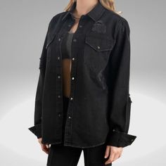 Radiant Soul Jacket - laluzboutique Edgy Washed Black Distressed Denim Jacket, Oversized Edgy Cotton Denim Jacket, Edgy Button-up Cotton Outerwear, Edgy Cotton Button-up Outerwear, Edgy Washed Long Sleeve Denim Jacket, Edgy Oversized Distressed Denim Jacket, Oversized Edgy Distressed Denim Jacket, Edgy Denim Jacket For Fall Streetwear, Edgy Distressed Washed Black Outerwear