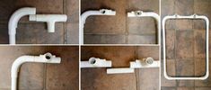 four pictures of different white pipes and fittings on the floor in various stages of installation