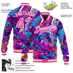 Custom Graffiti Pattern Pink-White Words 3D Bomber Full-Snap Varsity Letterman Jacket Multicolor Varsity Jacket For Streetwear, Graffiti Pattern, Custom Sportswear, Varsity Letterman Jackets, Logo Number, Cheap Jacket, Blue Football, Custom Fans, Letterman Jacket