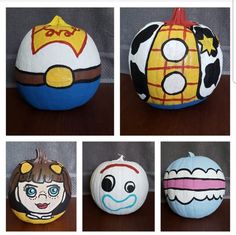 four different pumpkins painted to look like cartoon characters