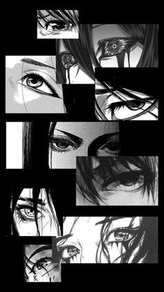 an anime character's eyes are shown in black and white, with different angles