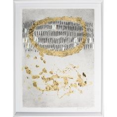 an abstract painting with gold and silver paint on white paper, framed in a white frame