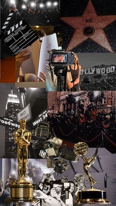 the oscars are being shown in this collage with many different pictures and words