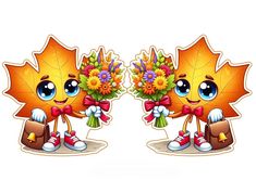 two cartoon autumn leaves with flowers in their hands