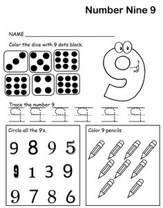 the number nine worksheet for preschool to practice counting and coloring numbers with pictures