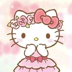 a hello kitty wallpaper with a pink dress and flowers on it's head