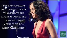 a woman in a red dress standing at a podium with a quote from kerry washington