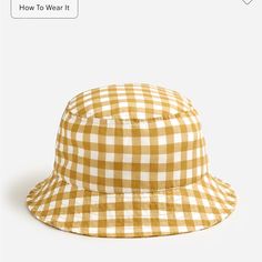 Nwt Jcrew Packable Summer Hat. Yellow/Gold Gingham Size Small/Medium. Casual Lightweight Yellow Sun Hat, Summer Plaid Bucket Hat, Plaid Hats For Summer Beach, Adjustable Plaid Hats For Spring, Casual Cotton Hat For Picnic, Casual Gingham Hats For Summer, Plaid Summer Beach Hat, Spring Adjustable Plaid Hats, Casual Wide Brim Plaid Hat