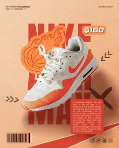 the nike air max is on display in front of an orange and white background with arrows