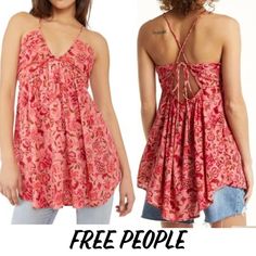 Stunning Free People Open Back Tunic Size M V Neck 100 Viscose New With Tag Perfect For Back To School Final Price Thank You For Visiting My Closet Red Halter Neck Tank Top For Spring, Red Sleeveless Camisole For Spring, Red Summer Tank Top For Festivals, Summer Festival Red Tank Top, Red Tank Top For Summer Festivals, Red Sleeveless Camisole For The Beach, Casual Camisole For Festival, Tie Dye Tunics, Floral Print Tunic