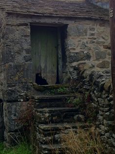 an old stone building with a cat sitting in the doorway and steps leading up to it