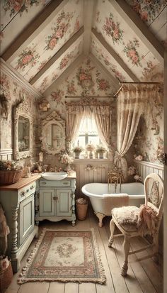 an old - fashioned bathroom with floral wallpaper and antique furniture, including a claw foot tub