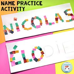 two pieces of paper with the words name practice activity