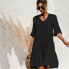 New Fashion Casual V-neck Women's Dress Elegant Loose Print Patchwork Flare Sleeve Beach Party Summer Dresses for Femme Chic V-neck Dress For Beach Season, Solid Color Shift Midi Dress For Vacation, Flowy V-neck Dress For Beach Season, Black V-neck Dress For Summer Brunch, Solid Color V-neck Sundress Mini Dress, V-neck Solid Color Sundress For Spring, V-neck Solid Color Sundress For Day Out, Summer Solid Color Dresses With Split Neck, Summer Dresses With Split Neck In Solid Color