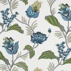 a blue flower and green leaves on a white wallpaper with grey, yellow, and green accents