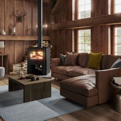 a living room filled with furniture and a fire place in the middle of it's walls