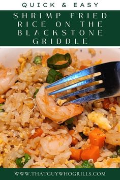 A close up of a bowl of Shrimp Fried Rice with a fork coming out of it. Rice On Blackstone Griddle, Fried Rice On Blackstone Griddle, Fried Rice On The Blackstone, Rice On The Blackstone, Frozen Carrots, Shrimp Fried Rice, Kitchen Clean, Dinners To Make, Blackstone Griddle