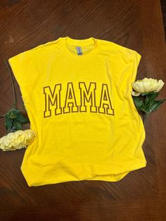 This is just the right shirt for the best mama! Enjoy this for that special one! This shirt comes in multiple sizes and can also be in any of our colors to include pink, red, blue, light gray, and more!  Also let us know in your note section what color thread you would want 'MAMA' in. Yellow Short Sleeve Top With Name Print, Casual Yellow Tops With Name Print, Yellow Cotton Tops With Name Print, Casual Red T-shirt For Mother's Day, Red Casual Tops For Mother's Day, Casual Red Tops For Mother's Day, Special One, Blue Light, Pink Red