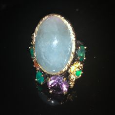 Classy Statement Ring With Genuine Large Aquamarine From Africa, Accented With Genuine Amethyst, Onyx, Opal Set In 925 Sterling Silver And Plated With Black Rhodium, Then Artistically Touched With Genuine 14k Gold. Over 90ct ! One Of A Kind Truly Beautiful Well Made Ring ! Invest In Unique, The Value Will Only Go Up! I Am Selling Wearable Art, Unique And One Of A Kind, Handmade Masterpieces, High Quality And Absolutely Beautiful! Please Only Reasonable Offers! Black Rhodium, Art Unique, 925 Jewelry, Womens Jewelry Rings, Statement Ring, Blue And Silver, Wearable Art, Sterling Silver Ring, Aquamarine