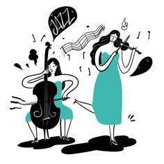 two women playing musical instruments and singing with music notes in the air behind them illustration