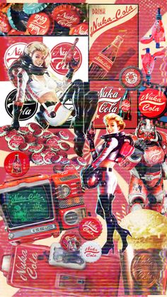 collage of coca - cola adverts with woman on motorcycle and man in costume