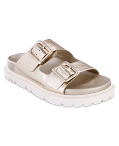 in stock Gold Footbed Sandals With Leather Footbed For Summer, Spring Gold Footbed Sandals With Buckle Closure, Gold Buckle Closure Slip-on Sandals, Gold Leather Footbed Sandals For Summer, Gold Slip-on Sandals With Buckle Closure, Gold Flat Footbed Sandals For Spring, Buckled Flats, Top Shoes, Strap Sandals