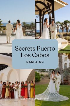 the wedding party is posing for pictures in front of an outdoor gazebo and palm trees