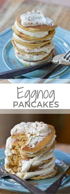 pancakes with powdered sugar are stacked on top of each other and the words eggnog pancakes above them