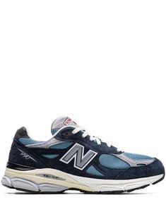 navy blue intarsia knit suede trim logo patch to the side almond toe front lace-up fastening logo patch at the tongue chunky rubber sole New Balance 990v3, Teddy Santis, New Balance 990, Aesthetic Shoes, Swag Shoes, Navy Fashion, Sneakers Blue, New Balance Shoes, Dream Shoes