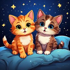 two kittens sitting on a pillow with stars in the background